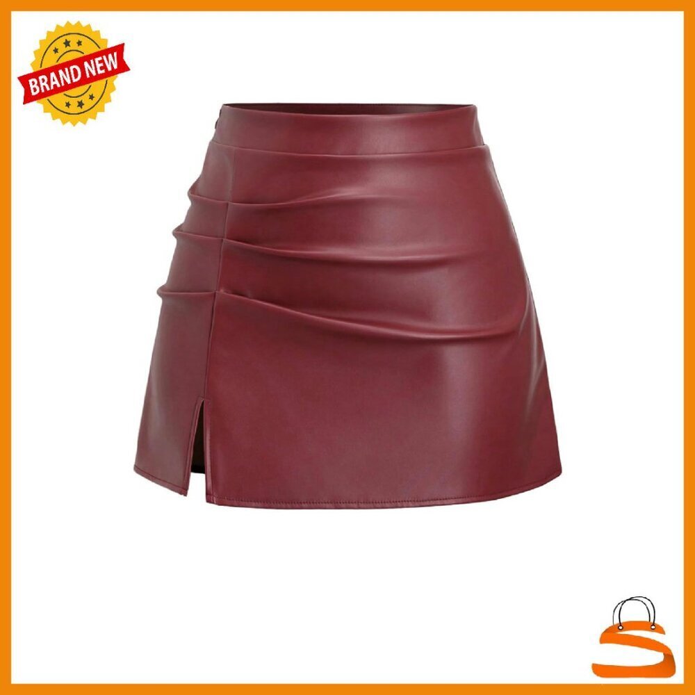 PU Leather High Waist Mini Skirt with Slit Hem and Ruched Detail
